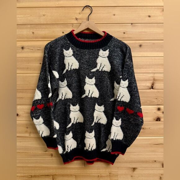 Vintage Size Medium Novelty Cat Print Red Hearts Metallic Thread Sweater - Picture 1 of 10